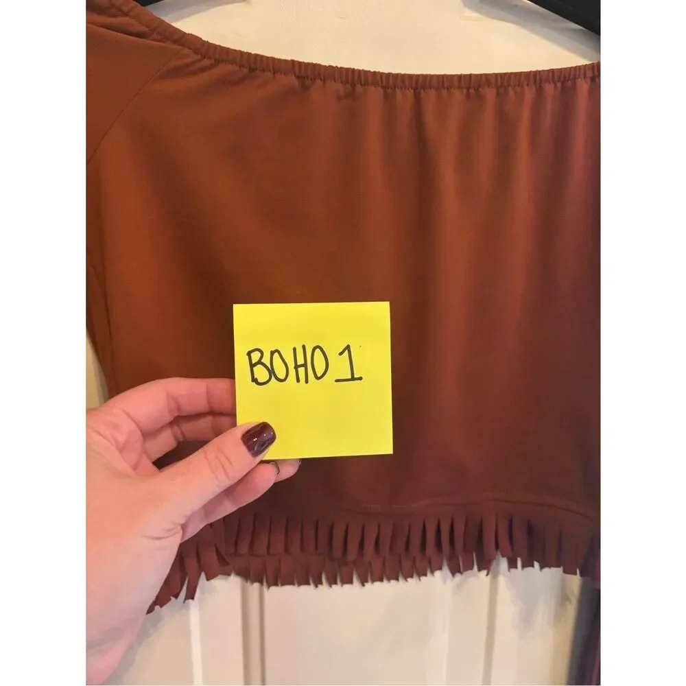 Anthropologie Rust Brown Off-Shoulder Fringe Bell-Sleeve Crop Top